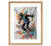 Artery8 Wall Art Print Skier Skiing Multicoloured Paint Splat Action Shot Artwork Framed 9X7 Inch in Beige | Size: W7" x H9" Artery8 Beige W7" x H9"