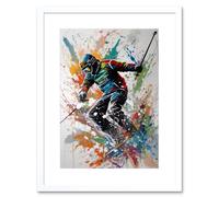 Artery8 Wall Art Print Skier Skiing Multicoloured Paint Splat Action Shot Artwork Framed 9X7 Inch in White | Size: W7" x H9" Artery8 White W7" x H9"