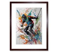 Artery8 Wall Art Print Skier Skiing Multicoloured Paint Splat Action Shot Artwork Framed 9X7 Inch in Brown | Size: W7" x H9" Artery8 Brown W7" x H9"
