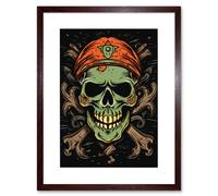 Artery8 Wall Art Print Skull Crossbones Old School USA Tattoo Ink Body Rockabilly Americana 50s Artwork Framed 9X7 Inch in Brown | Size: W7" x H9" Artery8 Brown W7" x H9"