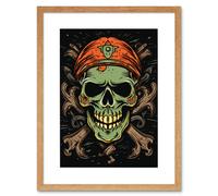 Artery8 Wall Art Print Skull Crossbones Old School USA Tattoo Ink Body Rockabilly Americana 50s Artwork Framed 9X7 Inch in Beige | Size: W7" x H9" Artery8 Beige W7" x H9"
