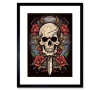 Artery8 Wall Art Print Skull Dagger And Roses Tattoo Ink Body Art Rockabilly Americana 50S Artwork Framed 9X7 Inch