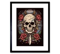 Artery8 Wall Art Print Skull Dagger & Roses Tattoo Ink Body Art Rockabilly Americana 50s Artwork Framed 9X7 Inch in Black | Size: W7" x H9" Artery8 Black W7" x H9"