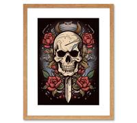 Artery8 Wall Art Print Skull Dagger & Roses Tattoo Ink Body Art Rockabilly Americana 50s Artwork Framed 9X7 Inch in Beige | Size: W7" x H9" Artery8 Beige W7" x H9"