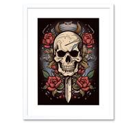 Artery8 Wall Art Print Skull Dagger & Roses Tattoo Ink Body Art Rockabilly Americana 50s Artwork Framed 9X7 Inch in White | Size: W7" x H9" Artery8 White W7" x H9"