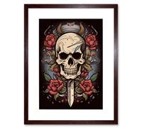 Artery8 Wall Art Print Skull Dagger & Roses Tattoo Ink Body Art Rockabilly Americana 50s Artwork Framed 9X7 Inch in Brown | Size: W7" x H9" Artery8 Brown W7" x H9"