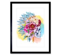 Artery8 Wall Art Print Skull Decorated with Flowers Art Framed 9x7 inch in Black | Size: W7" x H9" Artery8 Black W7" x H9"