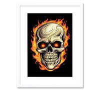 Artery8 Wall Art Print Skull Flames & Red Eyes Tattoo Ink Body Art Rockabilly Americana 50s Artwork Framed 9X7 Inch in White | Size: W7" x H9" Artery8 White W7" x H9"