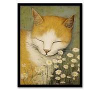 Wall Art Print Sleeping With The Daisies Artwork By Gillian Keenan Cat Sleeping In Wildflower Meadow Pastel Colour Oil Painting Art Framed Artery8 Black A4