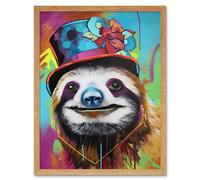 Artery8 Wall Art Print Sloth Wearing Summer Hat Modern Pop Art Framed in Light Oak | Size: W12" x H16" Artery8 Light Oak W12" x H16"