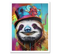 Artery8 Wall Art Print Sloth Wearing Summer Hat Modern Pop Art Framed in White | Size: W12" x H16" Artery8 White W12" x H16"