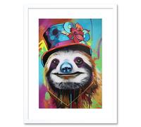 Artery8 Wall Art Print Sloth Wearing Summer Hat Modern Pop Artwork Framed 9X7 Inch in White | Size: W7" x H9" Artery8 White W7" x H9"