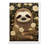 Artery8 Wall Art Print Sloth with Jasmine & Anemone Flowers Elegant Artwork Art Framed in White | Size: W12" x H16" Artery8 White W12" x H16"