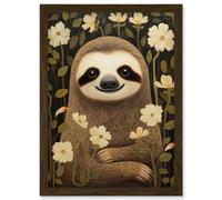 Artery8 Sloth with Jasmine and Anemone Flowers Elegant Artwork Framed Wall Art Print A4
