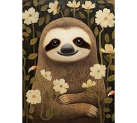 Wall Art Print Sloth with Jasmine and Anemone Flowers Elegant Artwork Poster Artery8 Black W24 inch x H32 inch