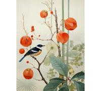 Wall Art Print Small Bird on Blooming Tree Branch Botanical Artwork Red Teal Nature Study Audubon Style Poster Artery8 Multi W24 inch x H32 inch