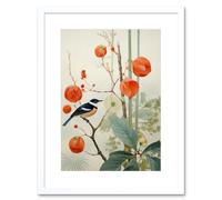 Artery8 Wall Art Print Small Bird on Blooming Tree Branch Botanical Artwork Red Teal Nature Study Audubon Style Artwork Framed 9X7 Inch Artery8 White W7" x H9"