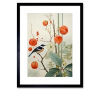 Artery8 Wall Art Print Small Bird on Blooming Tree Branch Botanical Artwork Red Teal Nature Study Audubon Style Artwork Framed 9X7 Inch Artery8 Black W7" x H9"