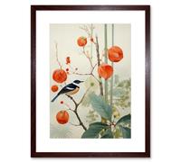 Artery8 Wall Art Print Small Bird on Blooming Tree Branch Botanical Artwork Red Teal Nature Study Audubon Style Artwork Framed 9X7 Inch Artery8 Brown W7" x H9"