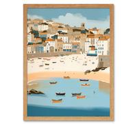 Artery8 Wall Art Print Small Boats in St Ives Bay Coastal Cityscape Art Framed in Light Oak | Size: W12" x H16" Artery8 Light Oak W12" x H16"