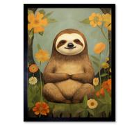 Artery8 Wall Art Print Smiling Sloth Meditating in Forest Flowers Kids Bedroom Artwork Art Framed in Black | Size: W12" x H16" Artery8 Black W12" x H16"
