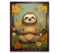 Artery8 Wall Art Print Smiling Sloth Meditating in Forest Flowers Kids Bedroom Artwork Art Framed in Brown | Size: W12" x H16" Artery8 Brown W12" x H16"