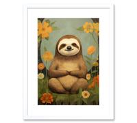 Artery8 Wall Art Print Smiling Sloth Meditating in Forest Flowers Kids Bedroom Artwork Framed 9X7 Inch in White | Size: W7" x H9" Artery8 White W7" x H9"