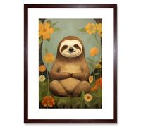 Artery8 Wall Art Print Smiling Sloth Meditating in Forest Flowers Kids Bedroom Artwork Framed 9X7 Inch in Brown | Size: W7" x H9" Artery8 Brown W7" x H9"