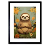 Artery8 Wall Art Print Smiling Sloth Meditating In Forest Flowers Kids Bedroom Artwork Framed 9X7 Inch