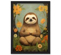 Artery8 Smiling Sloth Meditating in Forest Flowers Kids Bedroom Artwork Framed Wall Art Print A4