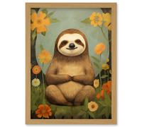 Artery8 Smiling Sloth Meditating in Forest Flowers Kids Bedroom Artwork Framed Wall Art Print A4