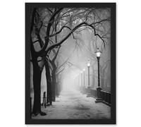 Wall Art Print Snow Covered Street in the Misty Glow of Light Posts Atmospheric Black and White Photograph Winter Scene Artwork Framed A4 Artery8 Black A4