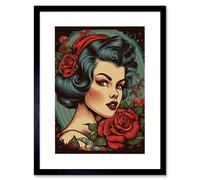 Artery8 Wall Art Print Snow White Roses Pin Up Rockabilly Americana 50S Artwork Framed 9X7 Inch