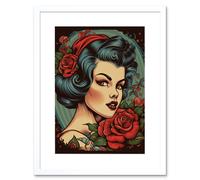 Artery8 Wall Art Print Snow White Roses Pin Up Rockabilly Americana 50s Artwork Framed 9X7 Inch | Size: W7" x H9" Artery8 White W7" x H9"