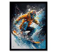 Artery8 Wall Art Print Snowboarder Landing Snowboard Jump Splatter Paint Art Framed in Black | Size: W12" x H16" Artery8 Black W12" x H16"