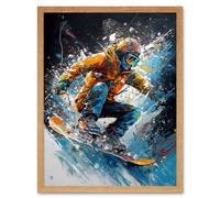 Artery8 Wall Art Print Snowboarder Landing Snowboard Jump Splatter Paint Art Framed in Light Oak | Size: W12" x H16" Artery8 Light Oak W12" x H16"