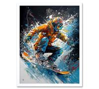 Artery8 Wall Art Print Snowboarder Landing Snowboard Jump Splatter Paint Art Framed in White | Size: W12" x H16" Artery8 White W12" x H16"