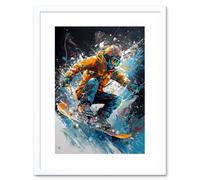 Artery8 Wall Art Print Snowboarder Landing Snowboard Jump Splatter Paint Artwork Framed 9X7 Inch in White | Size: W7" x H9" Artery8 White W7" x H9"