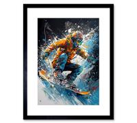 Artery8 Wall Art Print Snowboarder Landing Snowboard Jump Splatter Paint Artwork Framed 9X7 Inch in Black | Size: W7" x H9" Artery8 Black W7" x H9"
