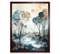 Artery8 Wall Art Print Snowfall over Autumn Trees in Snowy River Dream Landscape Modern Watercolour Painting Art Framed in Brown | Size: W12" x H16" Artery8 Brown W12" x H16"