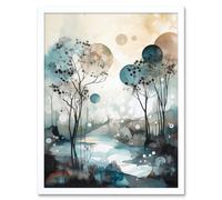 Artery8 Wall Art Print Snowfall over Autumn Trees in Snowy River Dream Landscape Modern Watercolour Painting Art Framed in White | Size: W12" x H16" Artery8 White W12" x H16"