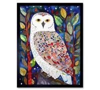 Artery8 Wall Art Print Snowy Owl Between Tree Branches Folk Art Framed in Black | Size: W12" x H16" Artery8 Black W12" x H16"