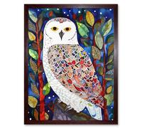 Artery8 Wall Art Print Snowy Owl Between Tree Branches Folk Art Framed in Brown | Size: W12" x H16" Artery8 Brown W12" x H16"