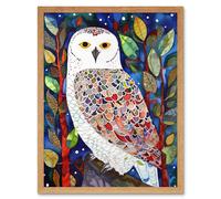 Artery8 Wall Art Print Snowy Owl Between Tree Branches Folk Art Framed in Light Oak | Size: W12" x H16" Artery8 Light Oak W12" x H16"