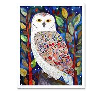 Artery8 Wall Art Print Snowy Owl Between Tree Branches Folk Art Framed in White | Size: W12" x H16" Artery8 White W12" x H16"