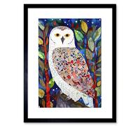 Artery8 Wall Art Print Snowy Owl Between Tree Branches Folk Artwork Framed 9X7 Inch in Black | Size: W7" x H9" Artery8 Black W7" x H9"
