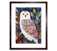 Artery8 Wall Art Print Snowy Owl Between Tree Branches Folk Artwork Framed 9X7 Inch in Brown | Size: W7" x H9" Artery8 Brown W7" x H9"