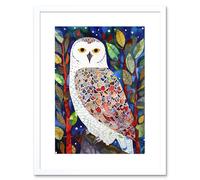 Artery8 Wall Art Print Snowy Owl Between Tree Branches Folk Artwork Framed 9X7 Inch in White | Size: W7" x H9" Artery8 White W7" x H9"