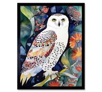 Artery8 Wall Art Print Snowy Owl On Blooming Tree Folk Art Framed in Black | Size: W12" x H16" Artery8 Black W12" x H16"
