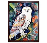 Artery8 Wall Art Print Snowy Owl On Blooming Tree Folk Art Framed in Brown | Size: W12" x H16" Artery8 Brown W12" x H16"